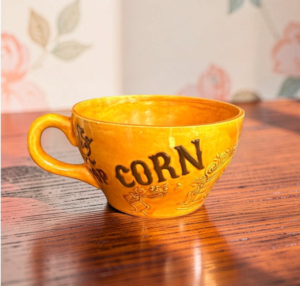 Large Jumbo Popcorn Bowl Mug Orange Ceramic Embossed Snack Movie Night 11"
